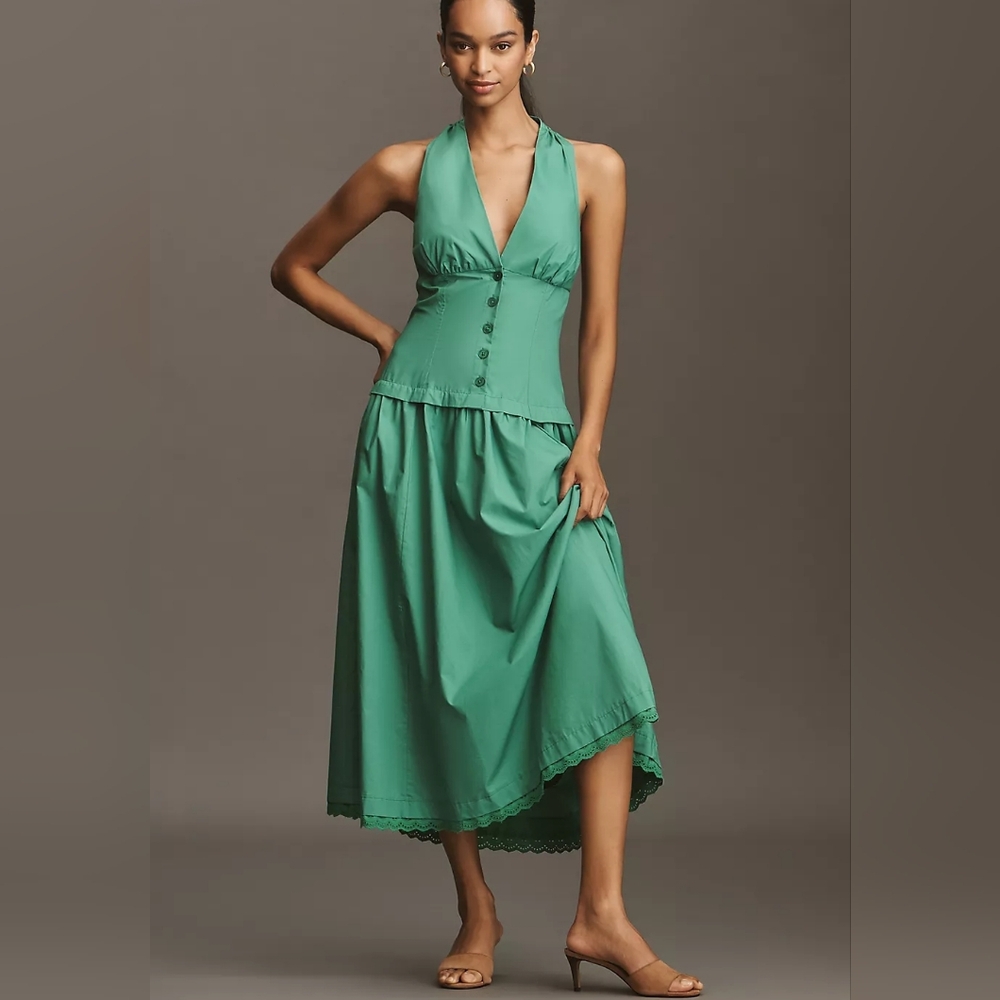 Anthropologie Maeve Halter V-Neck Drop-Waist Midi Dress Green